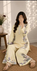 Soft Lemon Floral Printed Unstitched 2-Piece Kurta & Flared Palazzo Set - Misaal