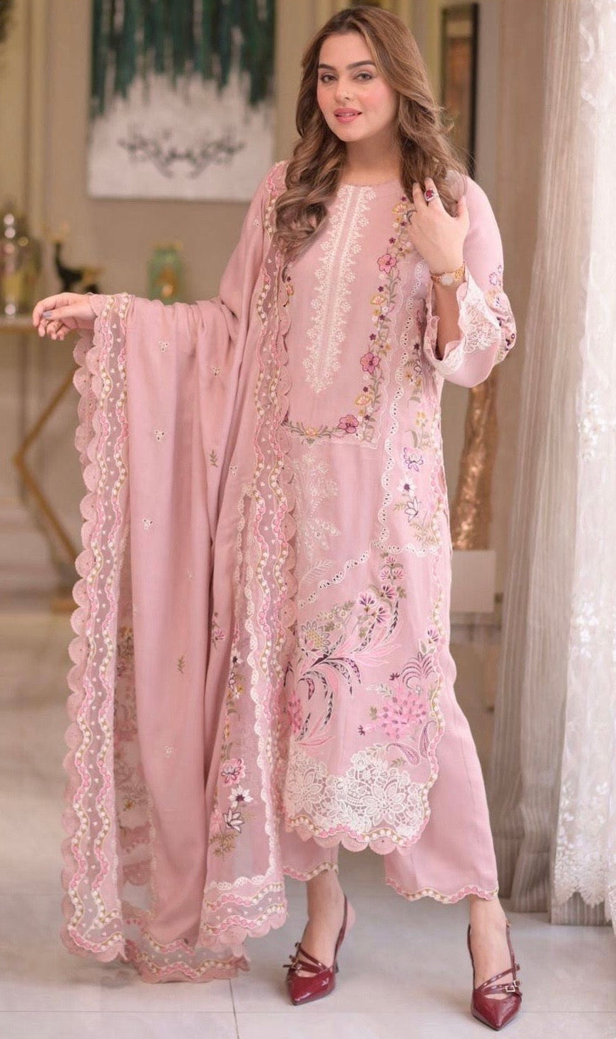 Misaal Festive Series: Blush Pink Floral Embroidered Suit with Elaborate Lace Detailing - Misaal