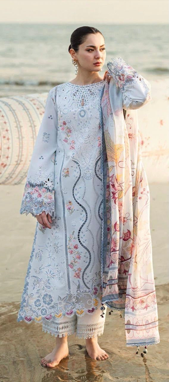 The Coastal Breeze Ice Blue Cutwork Ensemble with Printed Dupatta - Misaal