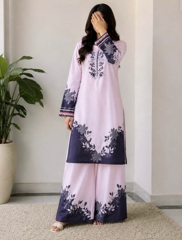 Soft Lavender & Navy Botanical Unstitched 2-Piece Kurta Palazzo Set - Misaal