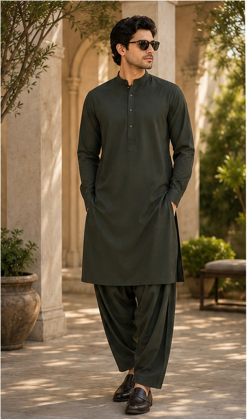 MISAAL Signature Dark Green Unstitched Fabric Wash and Wear – Premium Men's Shalwar Kameez Collection