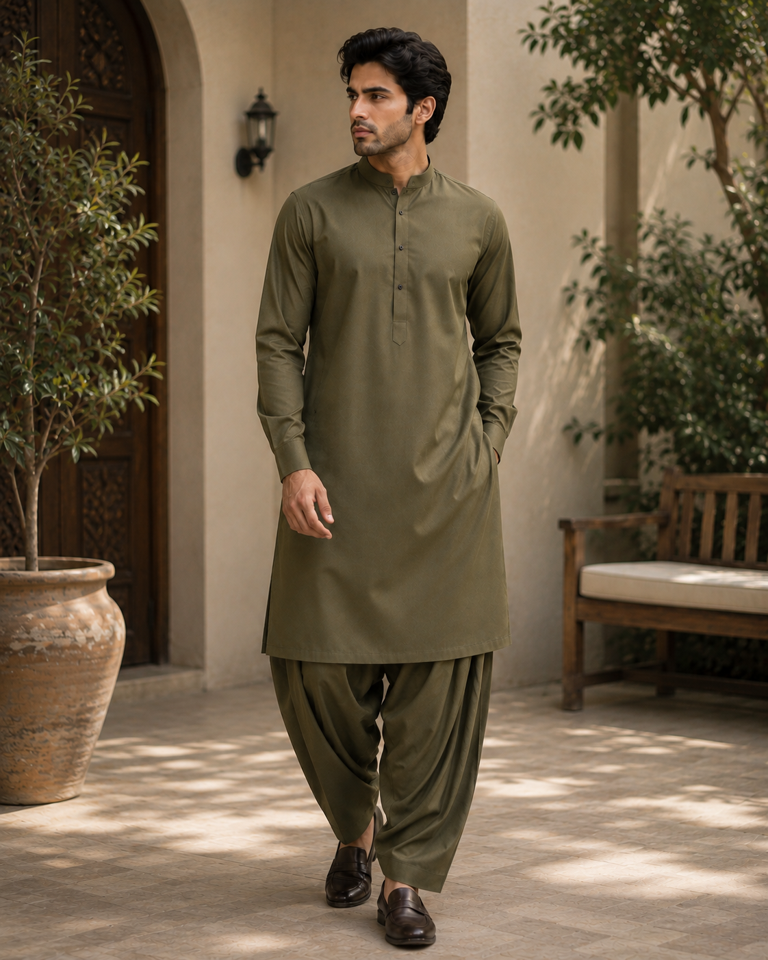 MISAAL Signature Olive Unstitched Fabric Wash and Wear – Premium Men's Shalwar Kameez Collection