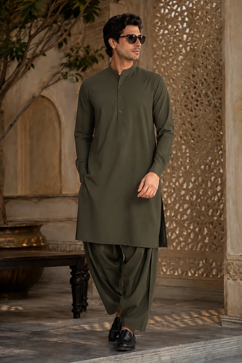 Olive Green Premium Unstitched Premium Cotton Shalwar Kameez - Misaal