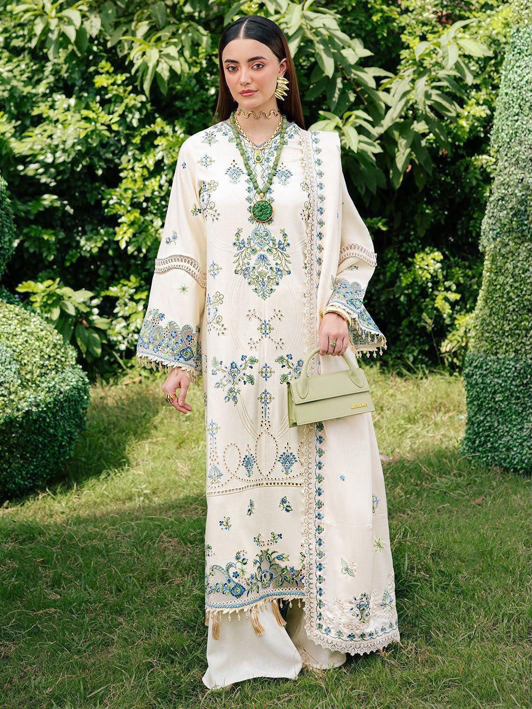 The Ivory Garden Embroidered Ensemble with Cutwork and Tassel Accents - Misaal