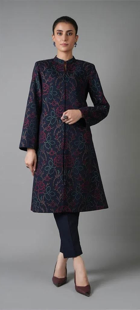 Misaal Signature Series: Minimalist Navy Floral Embroidered Kurta Unstitched - Misaal