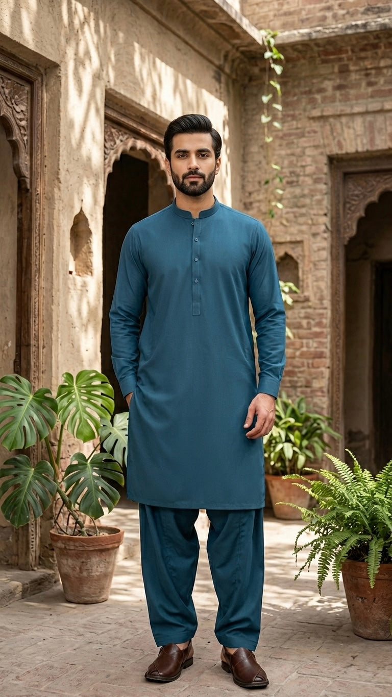 Celestial Teal Premium Unstitched Cotton Shalwar Kameez - Misaal