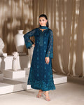 Ocean Velvet –  Unstitched Deep Teal Embroidered Long Kurta with Cutwork Lace Chiffon - Misaal