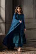 Ocean Twilight – Unstitched Deep Peacock Blue Heavy Threadwork & Sequin Ensemble Chiffon - Misaal