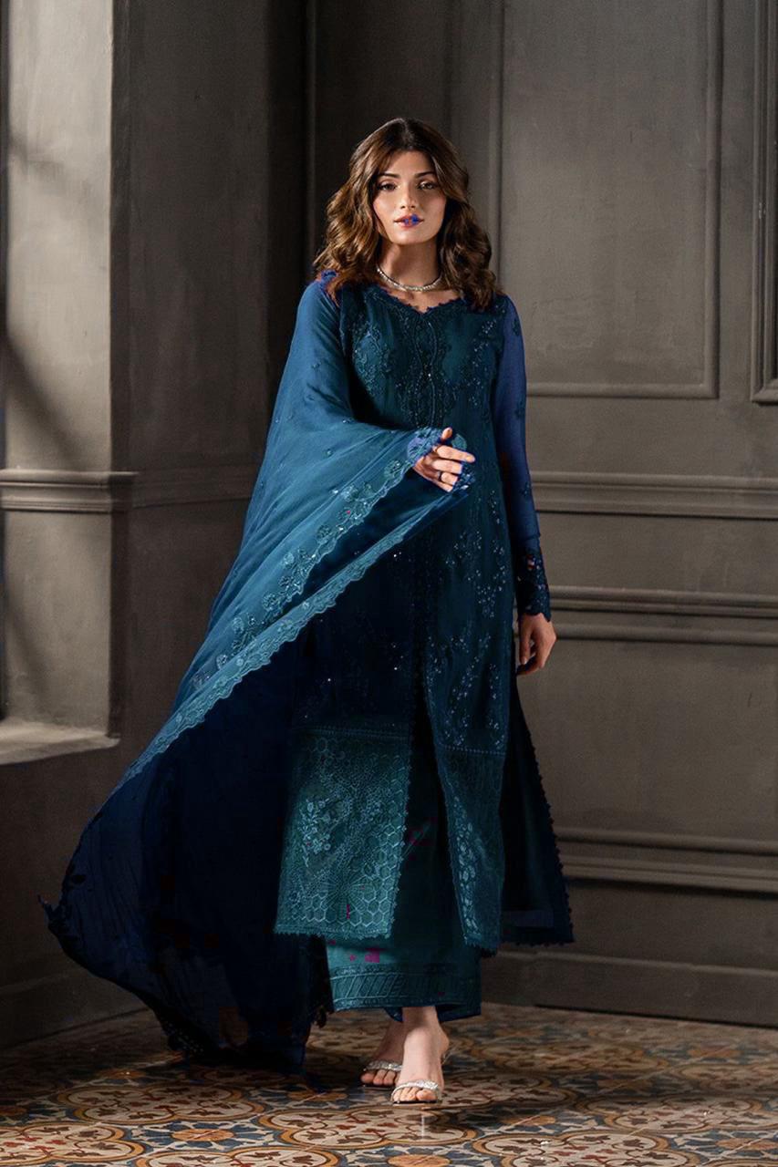 Ocean Twilight – Unstitched Deep Peacock Blue Heavy Threadwork & Sequin Ensemble Chiffon - Misaal