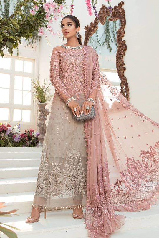 Misaal Signature Unstitched Rose Pink & Champagne Heavy Embellished 3-Piece Suit