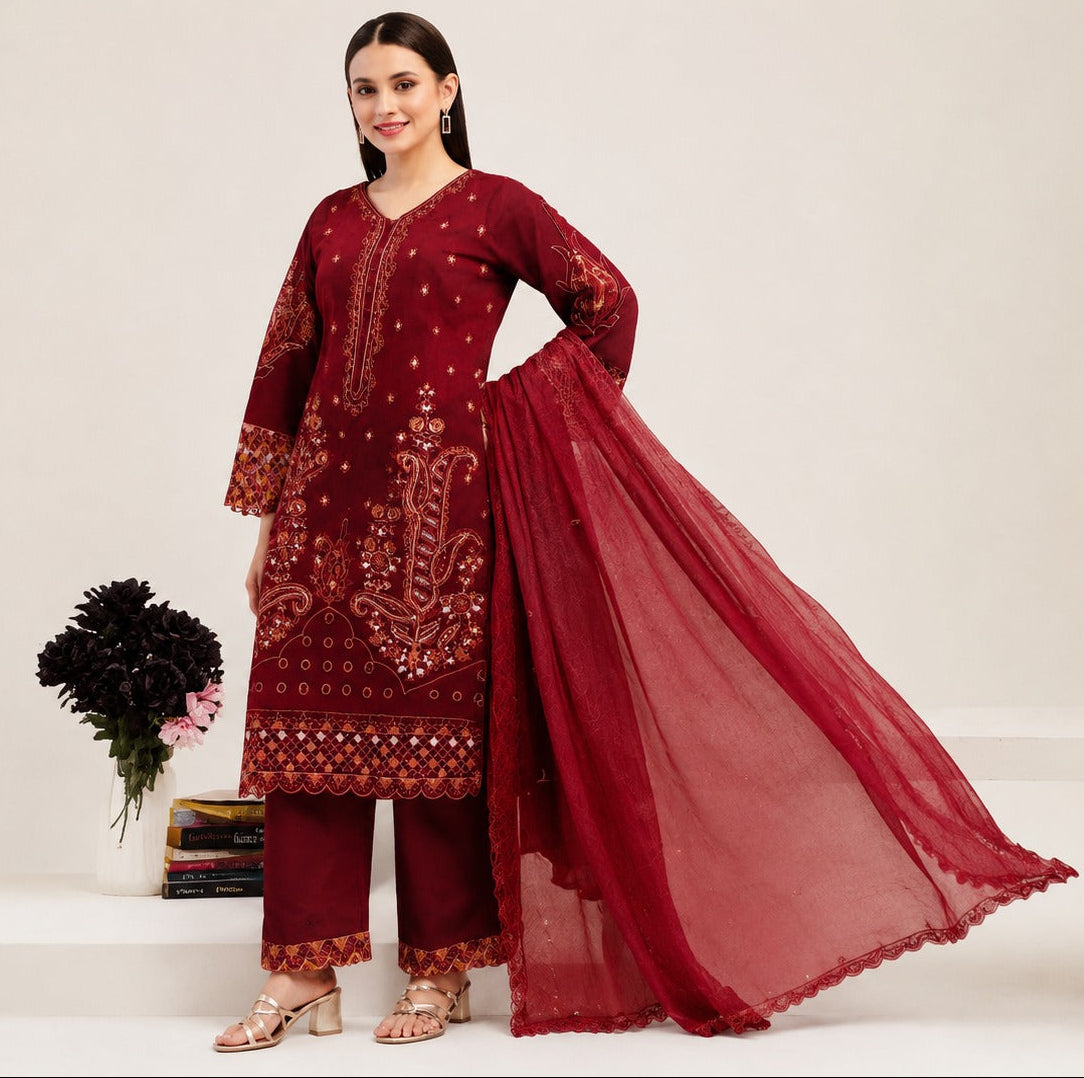 Unstitched Embroidered Bright Red Three Piece Lawn Suit - Misaal Luxury Collection
