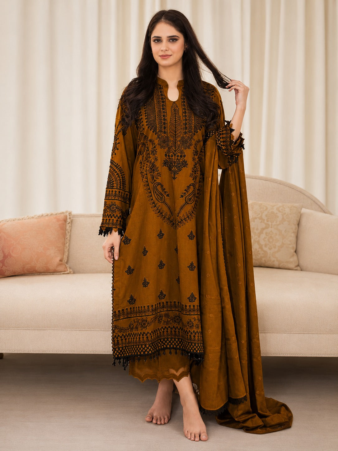 Unstitched Elegant Deep Ochre 3-Piece Embroidered Lawn Suit with Black Lace Accents - Misaal