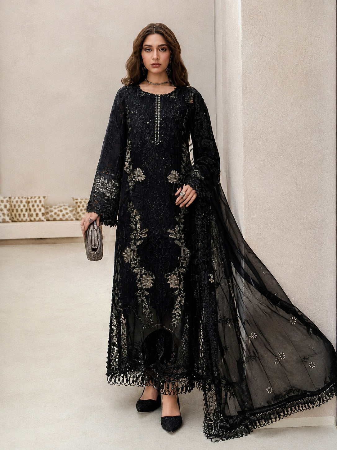 Misaal Signature Unstitched Noir Embroidered Sheer 3-Piece Suit - Misaal