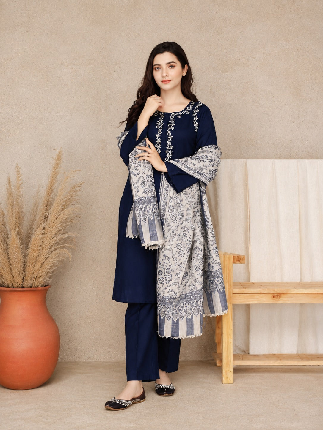 Unstitched Midnight Blue Embroidered 3-Piece Suit with Printed Shawl Dupatta - Misaal