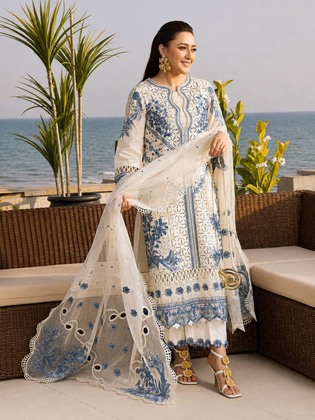 Unstitched Off-White & Royal Blue Schiffli Chikankari 3-Piece Embroidered Suit - Misaal