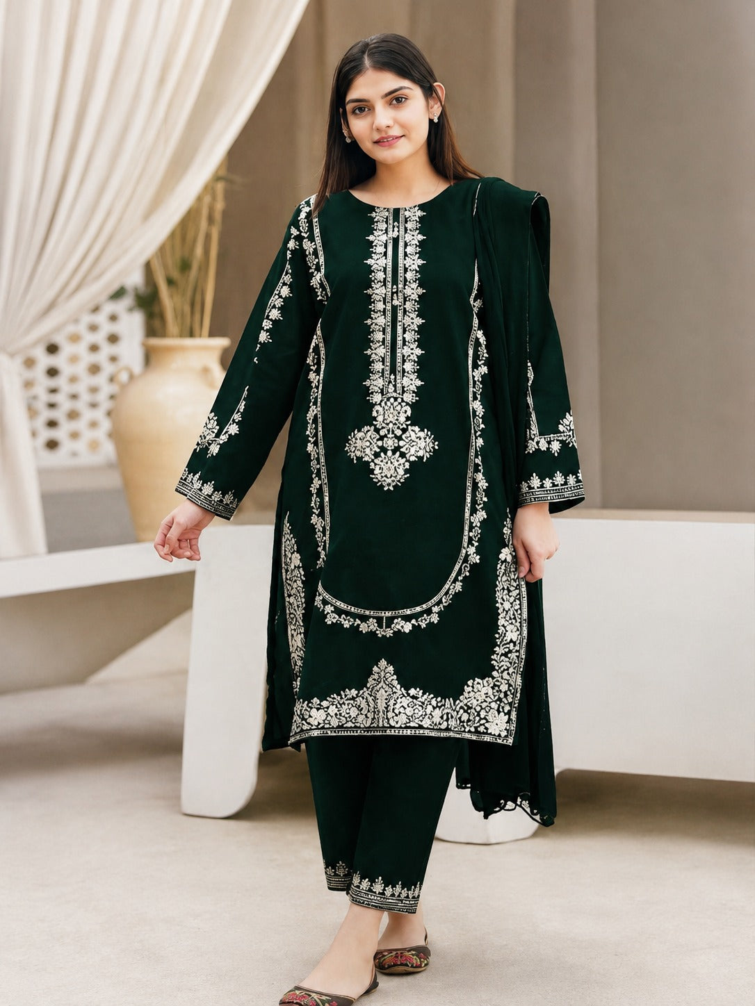 Misaal Signature Unstitched Emerald Green Embroidered 2-Piece Suit - Misaal