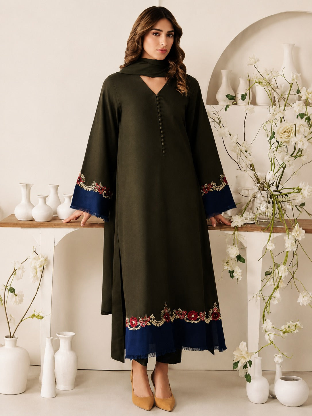 Unstitched Olive Green & Royal Blue Embroidered Silk/Raw Silk 3-Piece Suit - Misaal