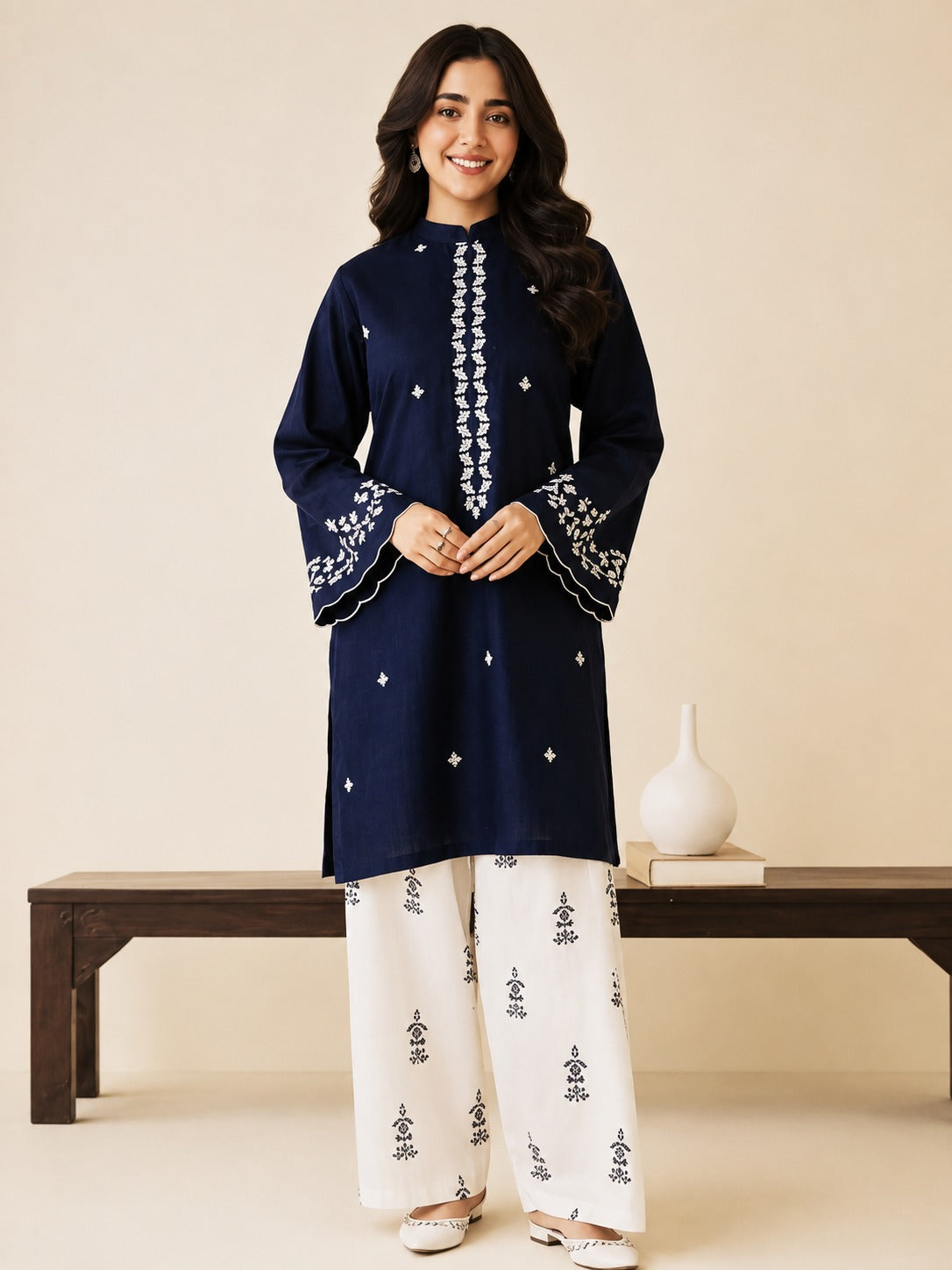 Misaal Signature Unstitched Navy & White Embroidered 2-Piece - Misaal