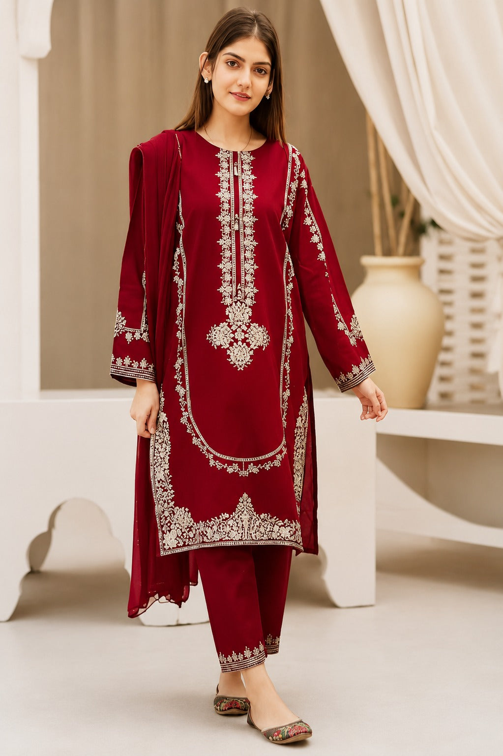 Misaal Unstitched Deep Maroon & Silver-Ivory Embroidered 3-Piece Suit - Misaal