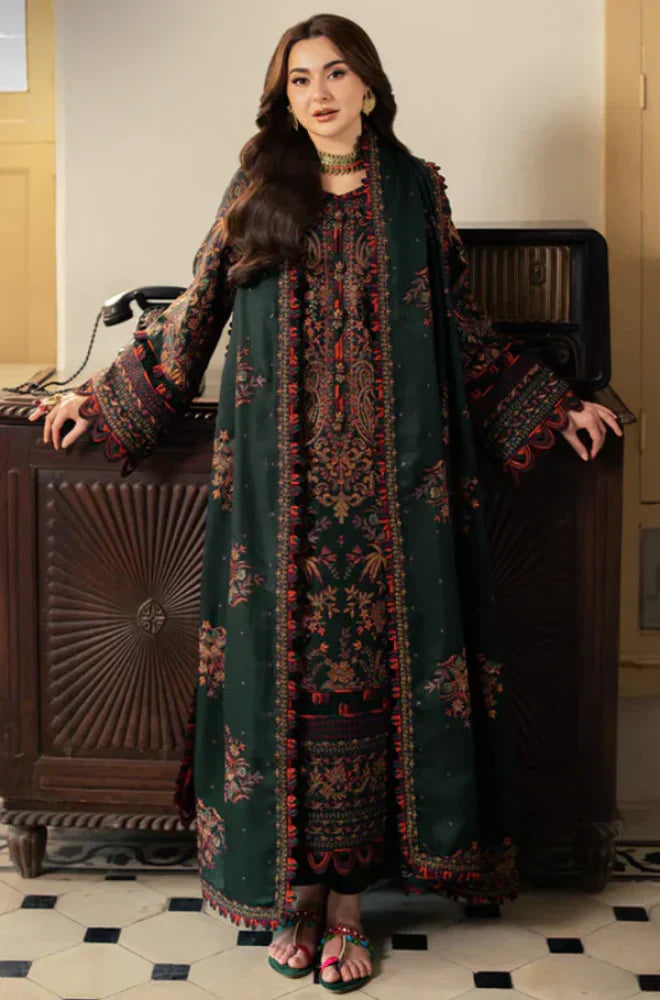 Misaal Signature Unstitched Forest Green Vintage Embroidered 3-Piece Ensemble - Misaal